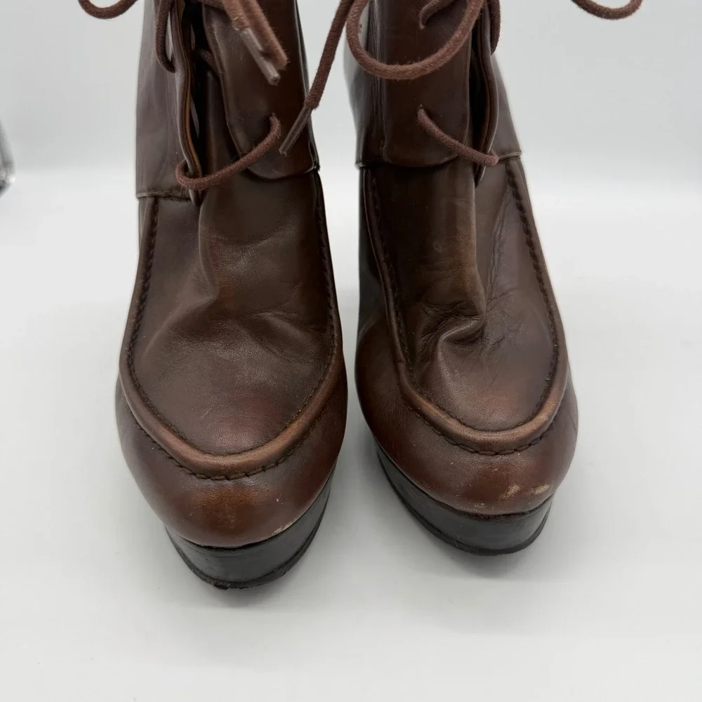 Zara Woman Vintage Y2K Brown Leather Lace Up Platform Ankle Boots Size 40